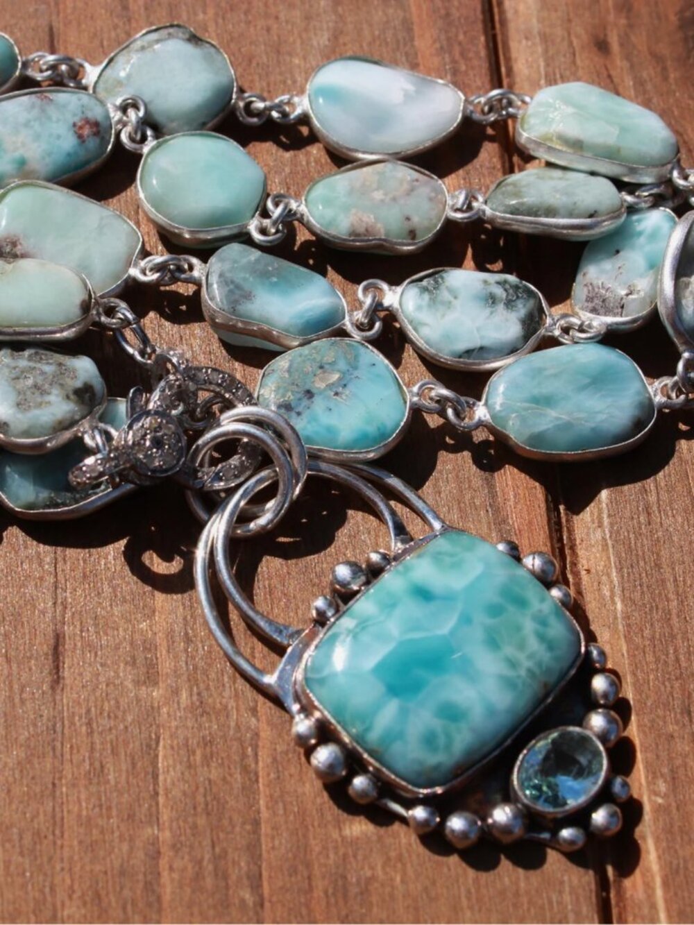 Caribbean Larimar 19 Inch Necklace Diamond Pave Clasp with Pendant